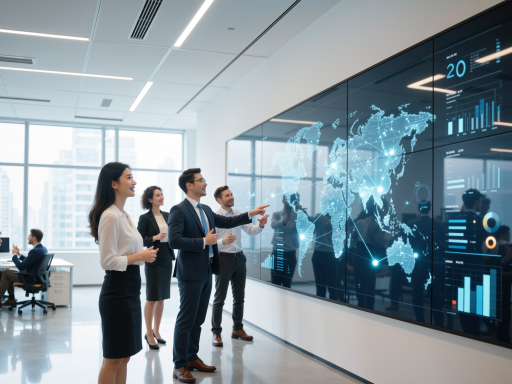 现代科技感办公室，大屏幕显示数据图表，年轻团队成员在协作，体现未来发展愿景
